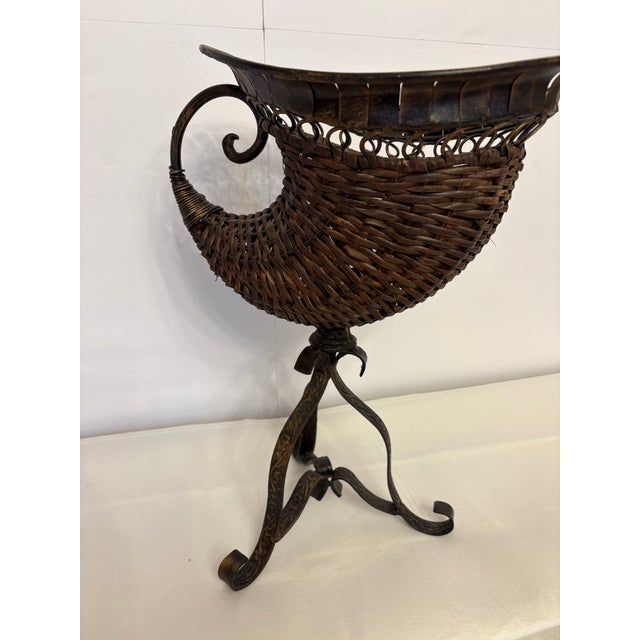 Rustic Vintage Wicker Cornucopia Baket on Wrought Iron Pedestal Stand For Sale - Image 3 of 4