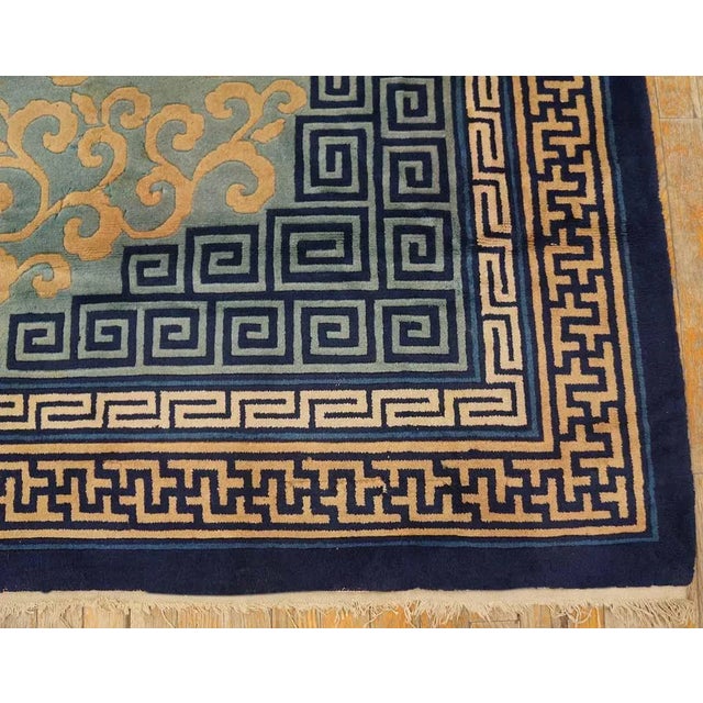 Baby Blue 1960s Sky Blue Medallion Greek Key Vintage Chinese Peking Rug 6'8" X 9'6" Knotted Wool Carpet For Sale - Image 8 of 9