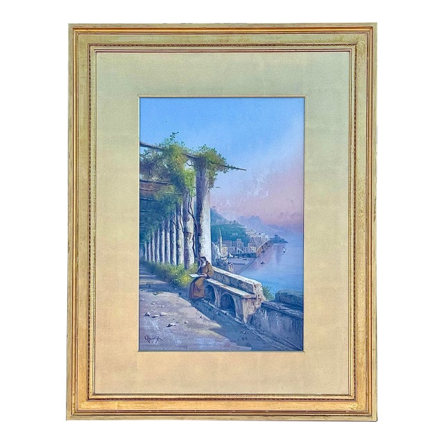 Antique Giovanni Battista Italian Gouache Seascape Painting of Amalfi Coast, Signed & Framed For Sale