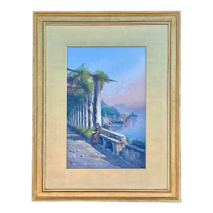 Antique Giovanni Battista Italian Gouache Seascape Painting of Amalfi Coast, Signed & Framed
