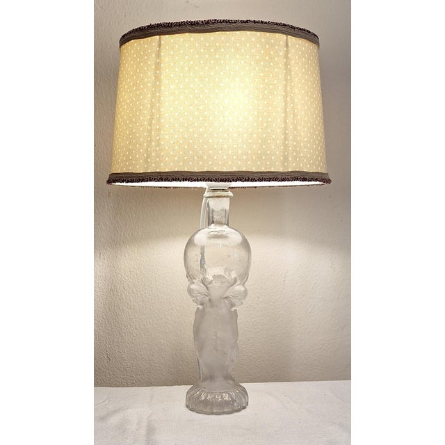 French Table Lamp with Partially Frosted Glass Base, Atlas Motif and Fabric Shade, 1970s For Sale - Image 9 of 9
