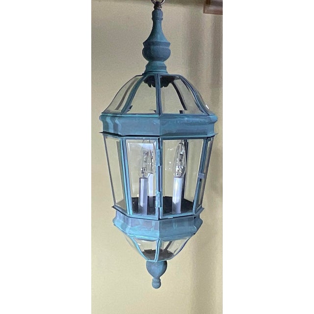 1970s Vintage Verdigris Solid Brass Hexagonal Hanging Lantern – 29”x 11” For Sale - Image 5 of 14