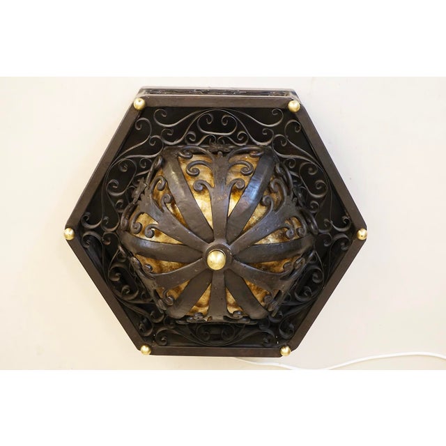 1950s 1950s Spanish Revival Mica Wrought Iron Brass Elaborate Octagon Light Ceiling Lamp For Sale - Image 5 of 11