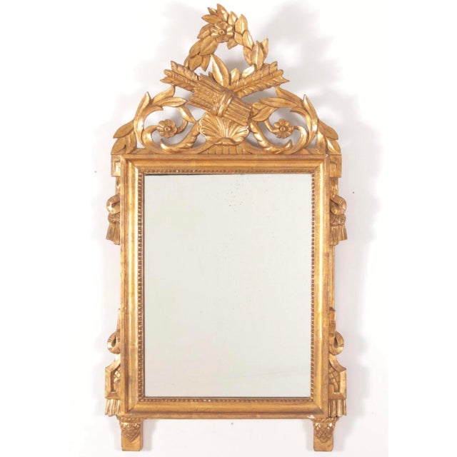 Wood Vintage Italian Made Louis XVI Style Carved Giltwood Mirror With Elaborate Floral Crest For Sale - Image 7 of 7