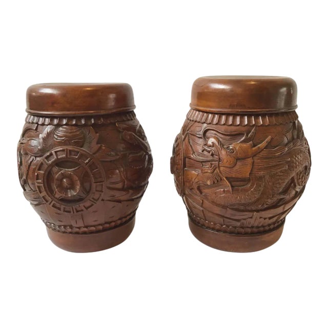 Carved Wood Asian Dragon Covered Jars - A Pair For Sale