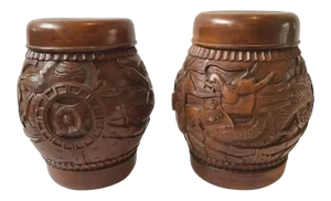 Carved Wood Asian Dragon Covered Jars - A Pair