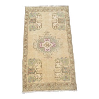 Ecru Color Faded Hand Knotted Small Small Rug Rug For Sale
