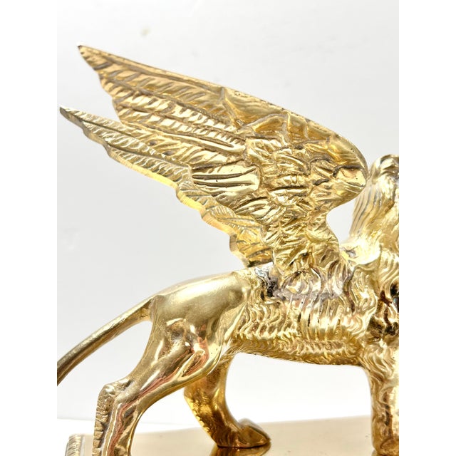 Vintage Brass Winged Lion Sculpture on Marble Base For Sale - Image 11 of 12