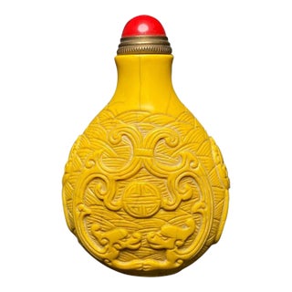 Vintage Faux Ivory Carved Snuff Bottle - Yellow Relief Design For Sale