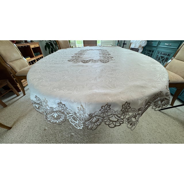 Vintage Linen and Embroidered Applique Lace in Cream and Taupe. Ivory Tablecloth with Scroll Etching overall Oval 18" X...