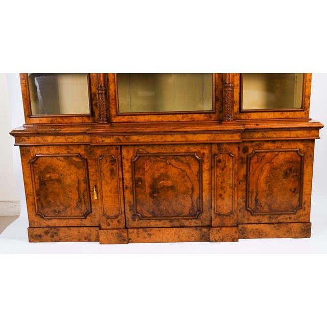 Antique Victorian Burr Walnut Breakfront Bookcase, 1800s For Sale - Image 3 of 18