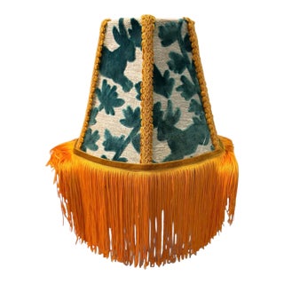 Covington “Luv Bunny” Teal Velvet Lampshade With Yellow Fringe For Sale