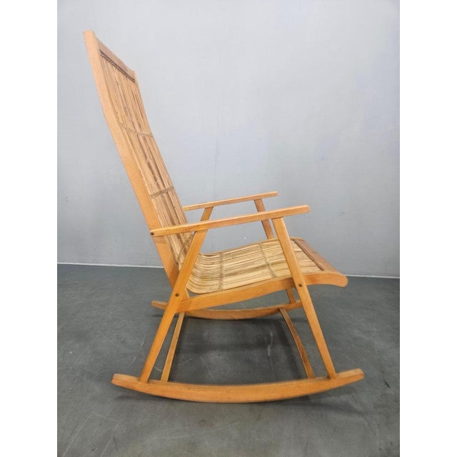 1960s Midcentury Wood and Rattan Rocking Chair, Denmark, 1960s For Sale - Image 5 of 12