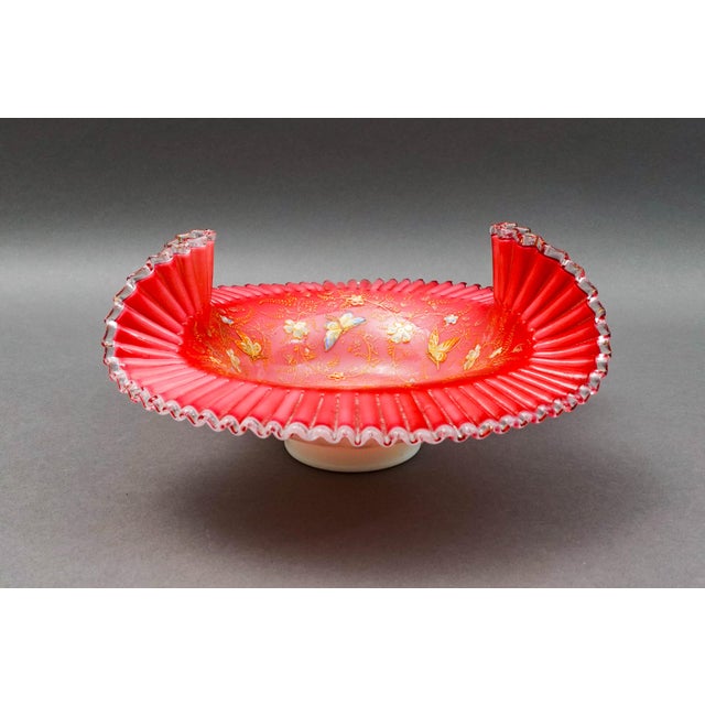 Victorian Early 18th Century Victorian Hand Painted Butterflies Ruffled Edge Glass Brides Basket Bowl For Sale - Image 3 of 7