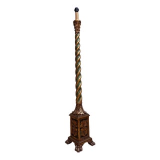 Italian Florentine Torchère Floor Lamp in Hand-Carved Gold-Gilt and Green Wood, 1950s For Sale