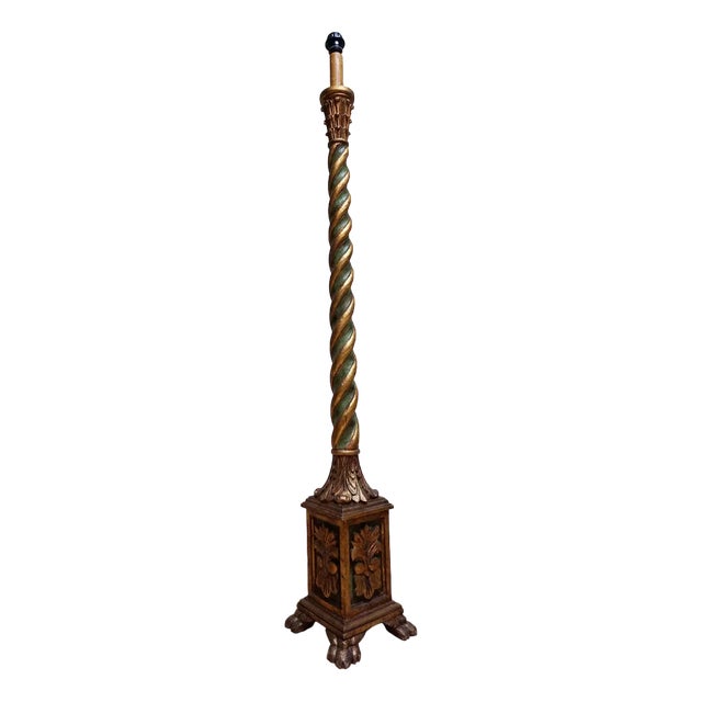 Italian Florentine Torchère Floor Lamp in Hand-Carved Gold-Gilt and Green Wood, 1950s For Sale