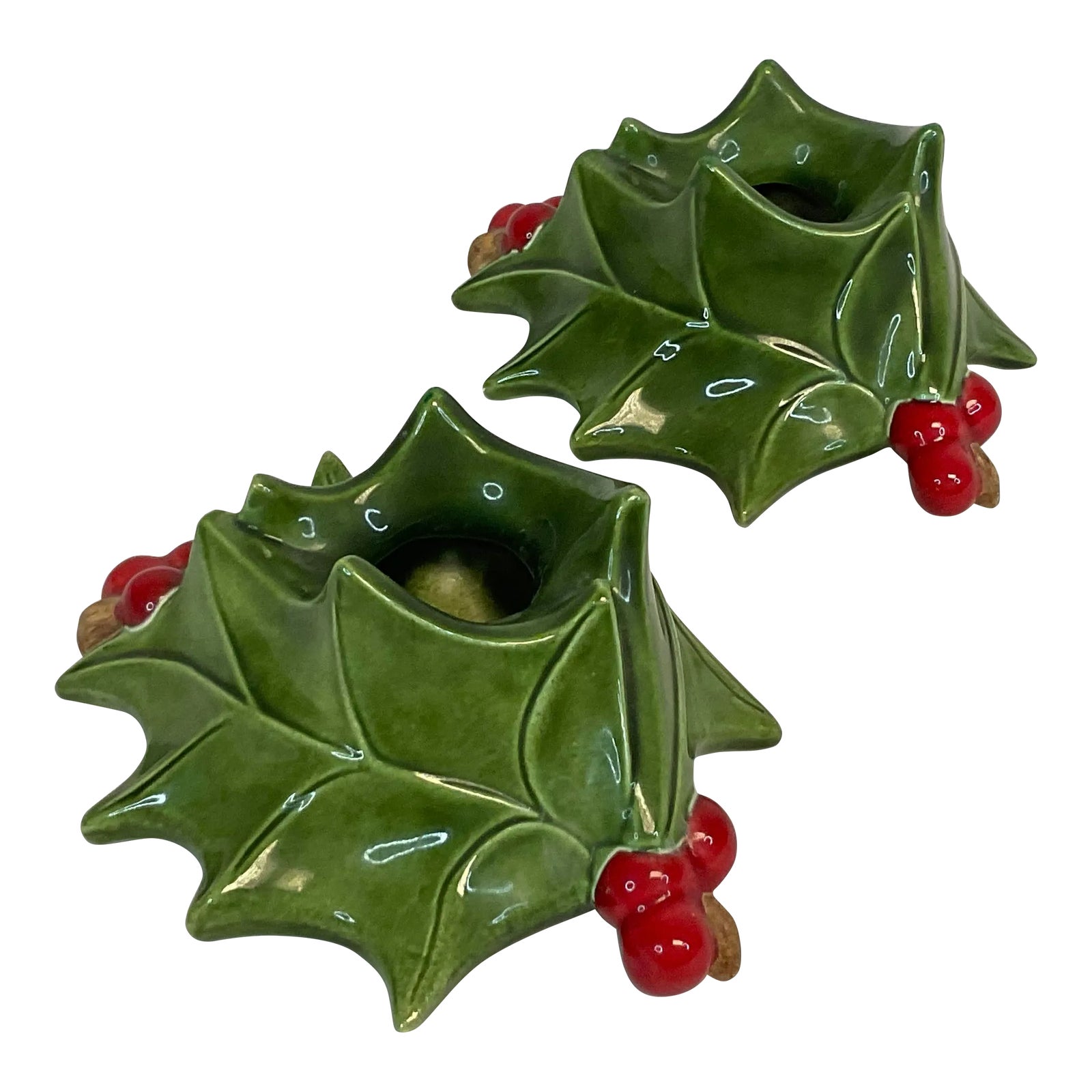 1963 Folk Art Americana Christmas Ceramic Holly Candle