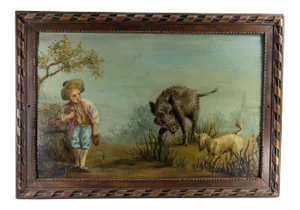 Antique French Genre Scene Oil Painting With Baroque Wood Frame