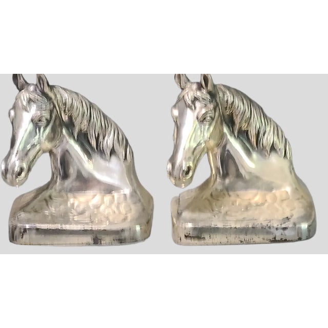 Vintage Decorative Equestrian Horse Head Silvered Metal Bookends. Good condition, great age patina and detail, some silver...