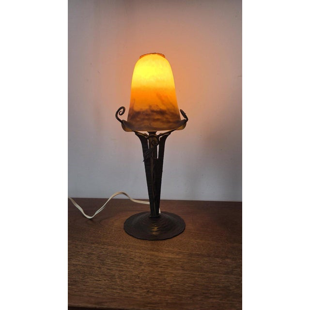 1930s Degué Art Deco Table Lamp Signed French Glass Wrought Iron Orange Accent Light Antique French Lighting For Sale - Image 6 of 15