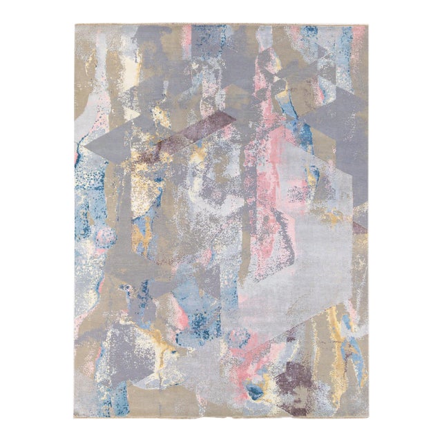 Modern Indian Abstract Handmade Multicolor Wool and Silk Rug For Sale