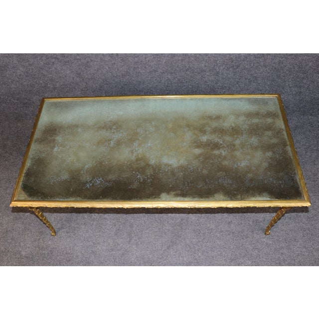 Glass 1950's Maison Bagues Bronze and Distressed Mirror Top Coffee Table For Sale - Image 7 of 12