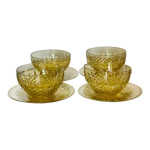 Antique Frederick Carder for Steuben Yellow Crystal Bowls & Underplates Set- 8 Pieces