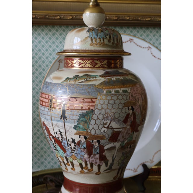 Japanese Antique Meiji Japanese Satsuma Procession Jar Lamp by Jukō For Sale - Image 3 of 18