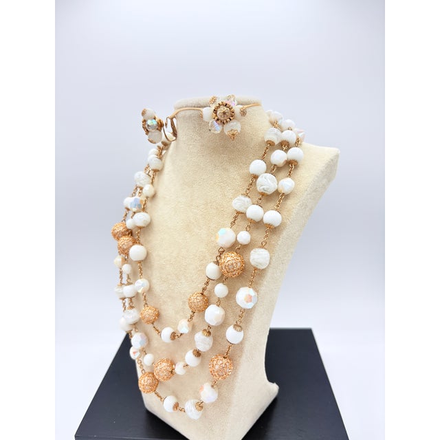 Mid-Century Modern Vendôme 1950s–60s Glass Bead Necklace & Earrings | White Ab & Filigree Set, 3 Pieces For Sale - Image 3 of 14