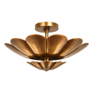 Handmade Brass Lotus Ceiling Light, Floral Scalloped Fixture, Antique Finish For Sale