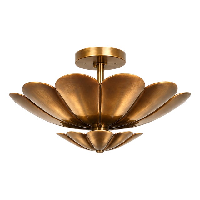 Handmade Brass Lotus Ceiling Light, Floral Scalloped Fixture, Antique Finish For Sale