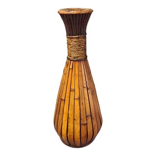 Vintage 1970s Tropical Tiki Bamboo Raffia Tall Floor Table Vase For Sale