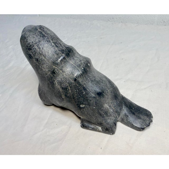 Dark Green Big Antique Hand Carved Soapstone Canadian Eskimo Walrus Sculpture Inuit Statue For Sale - Image 8 of 13