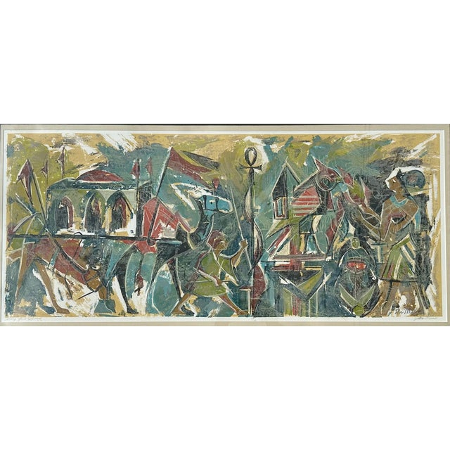 Mid-century modern lithograph by J. Demerio, depicting a stylized scene reminiscent of ancient Egyptian art. Signed and...