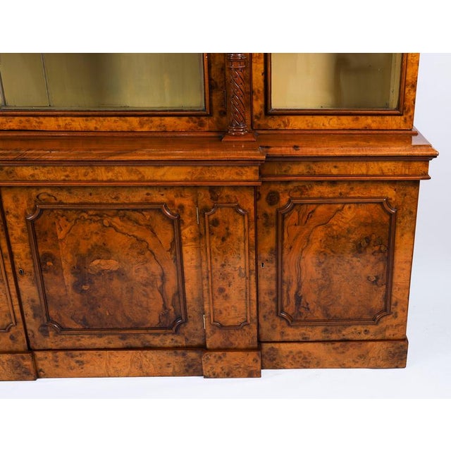 Antique Victorian Burr Walnut Breakfront Bookcase, 1800s For Sale - Image 4 of 18