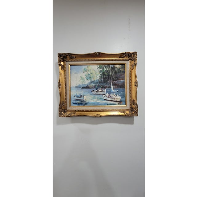 1970s Unknown Artist - Vibrant Ships in the Harbor Oil Painting Gold Frame For Sale - Image 10 of 12