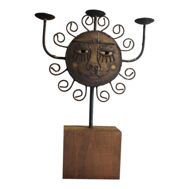 1960s Wrought Iron Sun and Moon Faces Candelabra For Sale