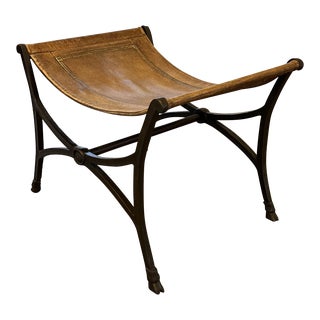 Stamped Leather and Iron Sling Ottoman For Sale