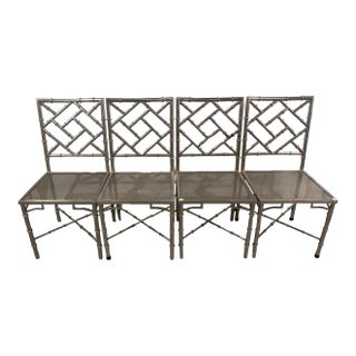Set of 4 Mid 20th Century Silver Metal Faux Chippendale Bamboo Chairs For Sale