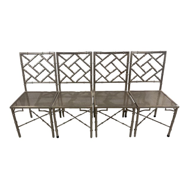 Set of 4 Mid 20th Century Silver Metal Faux Chippendale Bamboo Chairs For Sale