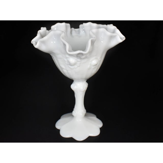 Vintage Fenton Milk Glass Small Pedestal Bowl Comport Compot Ruffled Rose Design For Sale - Image 10 of 10