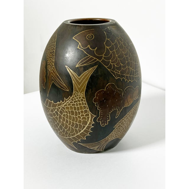 An art deco "didanderie" vase by Paul Louis Mergier, ca. 1920s. Decorated with a fish motif. Note it is missing the bottom...