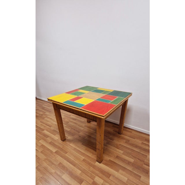 Splendid folding table, restored in wicker and bamboo from the 70s, Iranian in Mid-Century style. The table with open book...