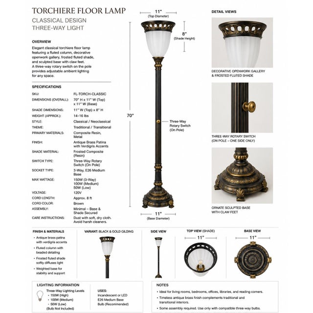 Neoclassical Late 20th Century Black & Gold Neoclassical Torchiere Floor Lamp With Frosted Fluted Shade For Sale - Image 3 of 3