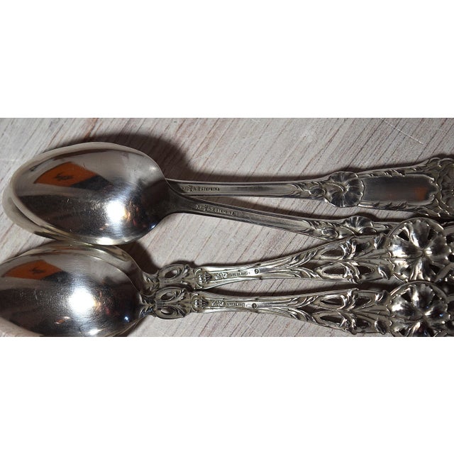 Antique Collection of 8 Floral Sterling Silver Teaspoons Tea Party For Sale - Image 17 of 17