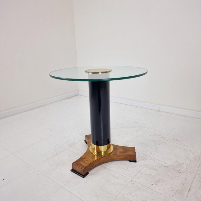 Postmodern Glass, Brass, and Wood Side Table, Germany, 1980s For Sale - Image 9 of 14