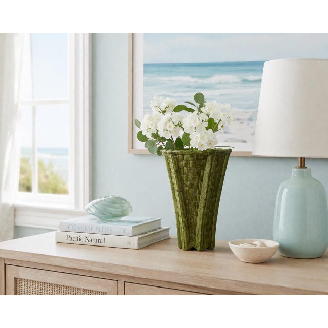 Mid-Century Modern Vintage Textured Green Ceramic Vase – Sculptural Fluted Form With Basketweave Relief Pattern (9” H) For Sale - Image 3 of 5