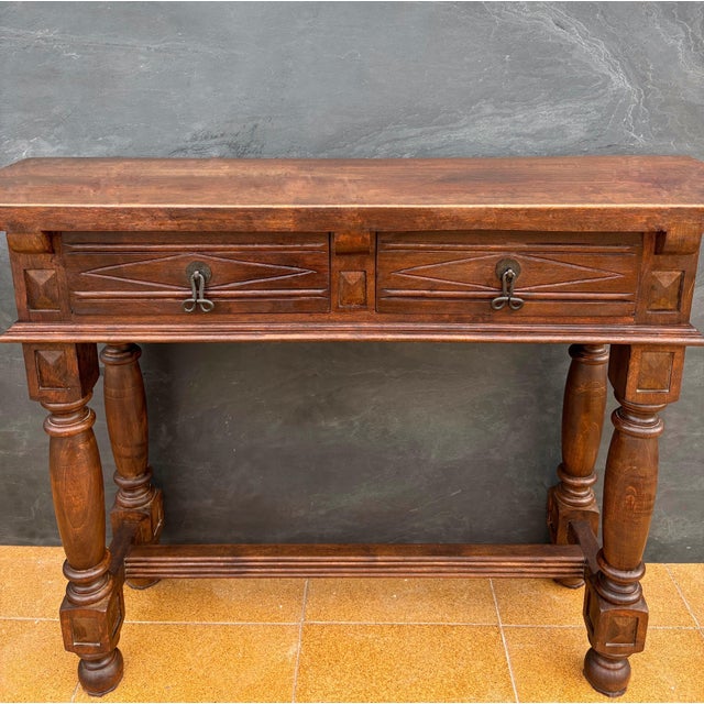 Brown Spanish Renaissance Console Table with Two Drawers and Turned Legs, 1920s For Sale - Image 8 of 14