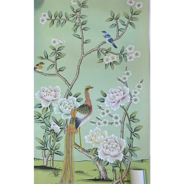 A Set of 3 Panels Hand-Painted Silk Chinoiserie Wallpaper, Aqua Green Silk Wallpaper, Set of 3 For Sale - Image 4 of 10