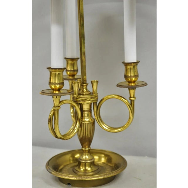 French Country Late 20th Century French Country Empire Brass Trumpet Arm Red Tole Shade Bouillotte Desk Lamp For Sale - Image 3 of 13